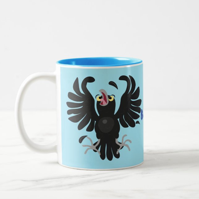 Funny crazy crow raven cartoon illustration Two-Tone coffee mug (Left)