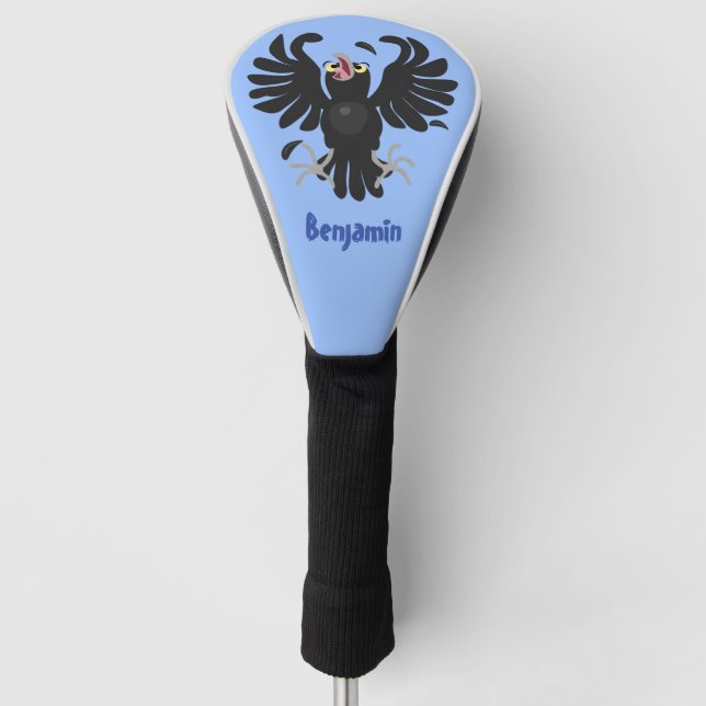 Funny crazy crow raven cartoon personalised golf head cover (Front)