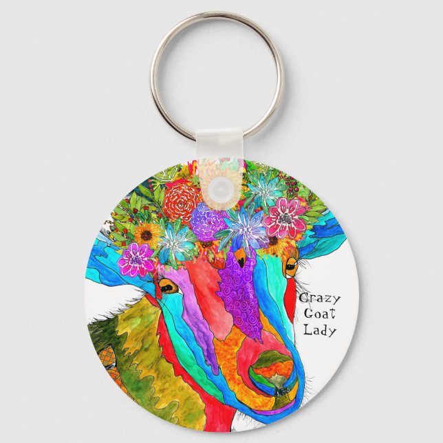 Funny Crazy Goat Lady Goat Keychain (Front)