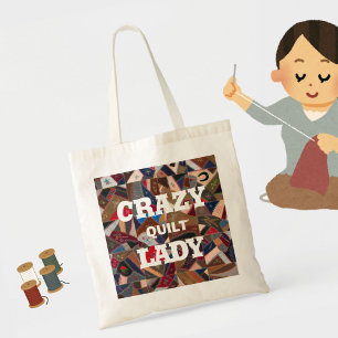 Funny "Crazy Quilt Lady" Patchwork Quilt Pattern  Tote Bag
