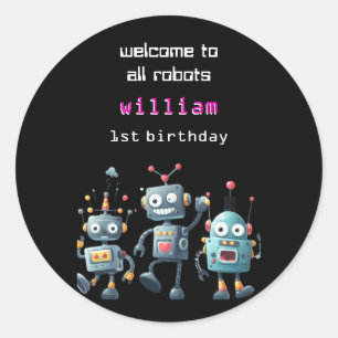 funny crazy robot birthday invitation classic round sticker