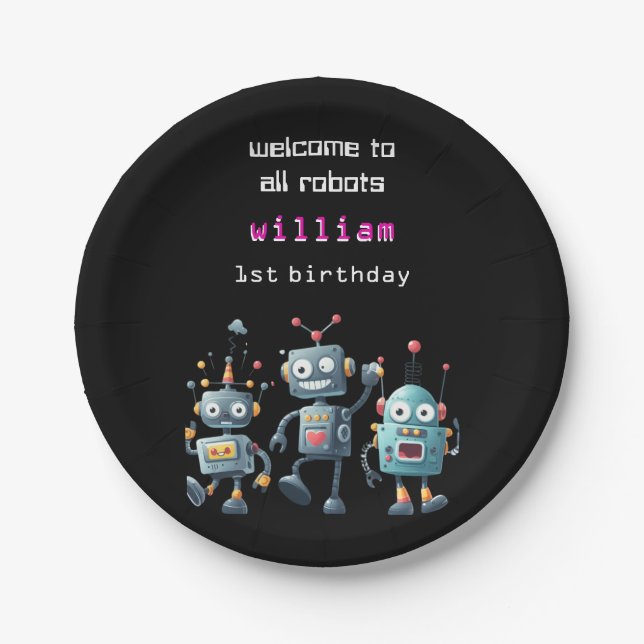 funny crazy robot birthday invitation paper plate (Front)