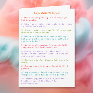 Funny Crazy Wacky Kids To Do Pranks List Humor Fun Card