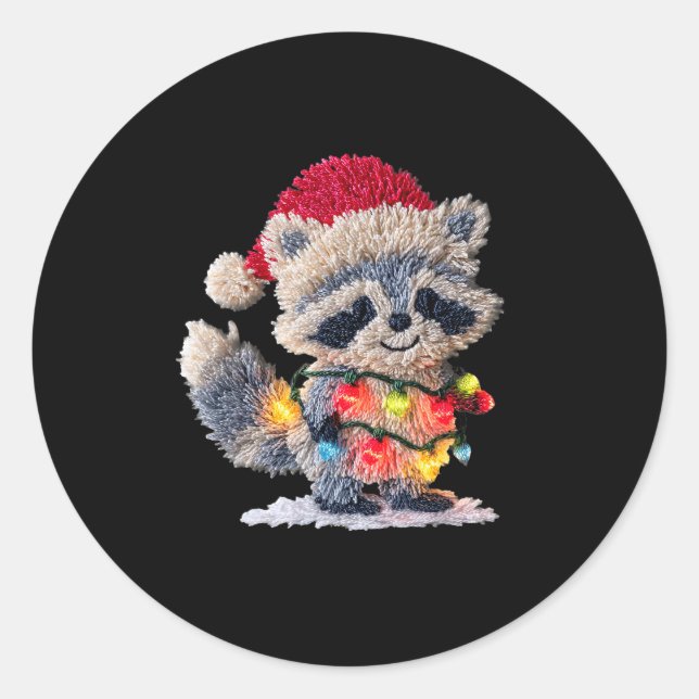 Funny Crochet Christmas Raccoon Xmas Lights Girly  Classic Round Sticker (Front)