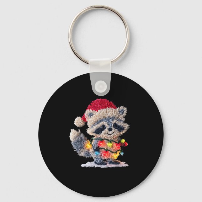 Funny Crochet Christmas Raccoon Xmas Lights Girly  Key Ring (Front)