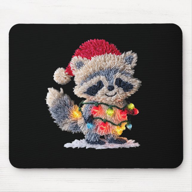 Funny Crochet Christmas Raccoon Xmas Lights Girly  Mouse Mat (Front)