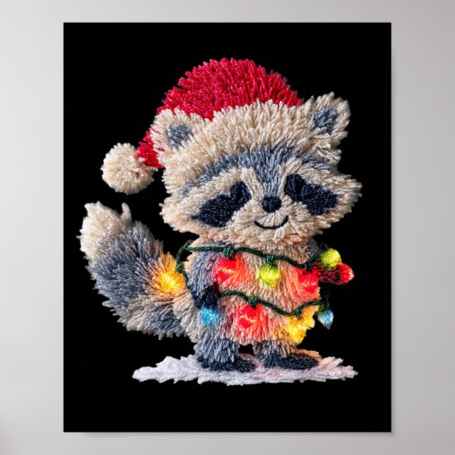 Funny Crochet Christmas Raccoon Xmas Lights Girly  Poster (Front)