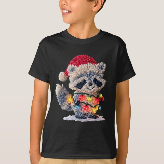 Funny Crochet Christmas Raccoon Xmas Lights Girly  T-Shirt (Front)