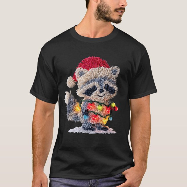 Funny Crochet Christmas Raccoon Xmas Lights Girly  T-Shirt (Front)