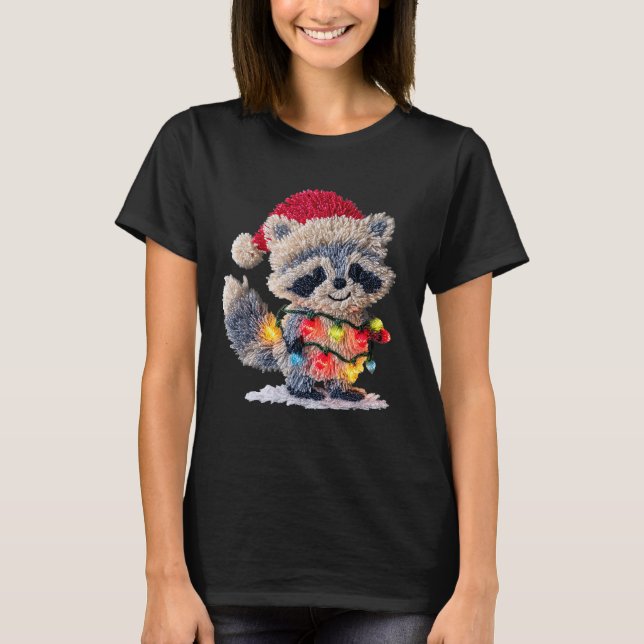 Funny Crochet Christmas Raccoon Xmas Lights Girly  T-Shirt (Front)