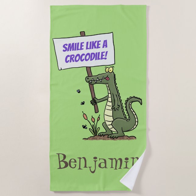 Funny crocodile aligator with sign cartoon beach towel (Front)