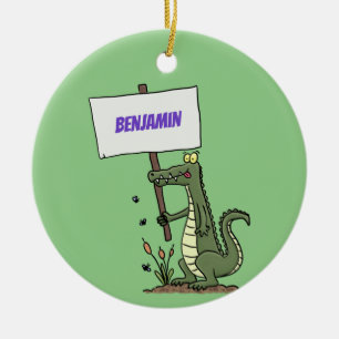 Funny crocodile aligator with sign cartoon ceramic tree decoration
