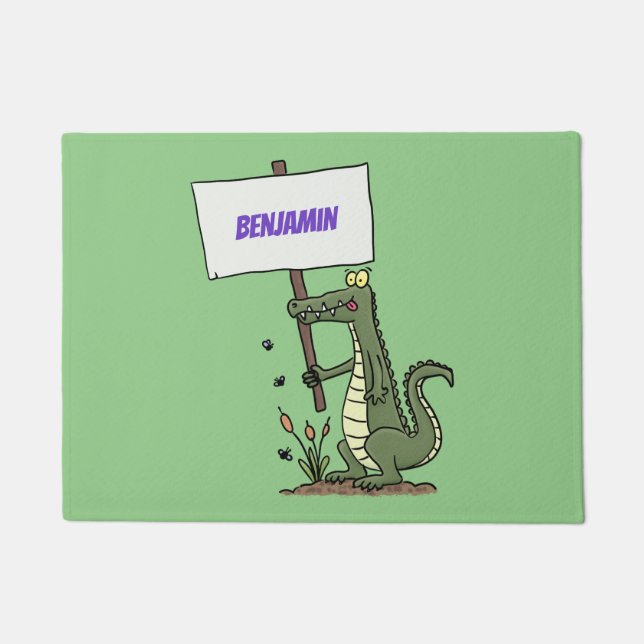 Funny crocodile aligator with sign cartoon doormat (Front)