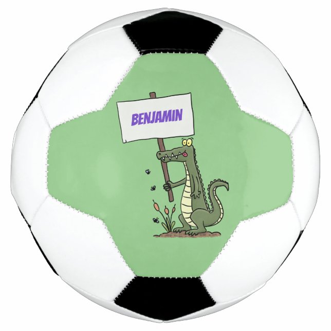 Funny crocodile aligator with sign cartoon football (Front)