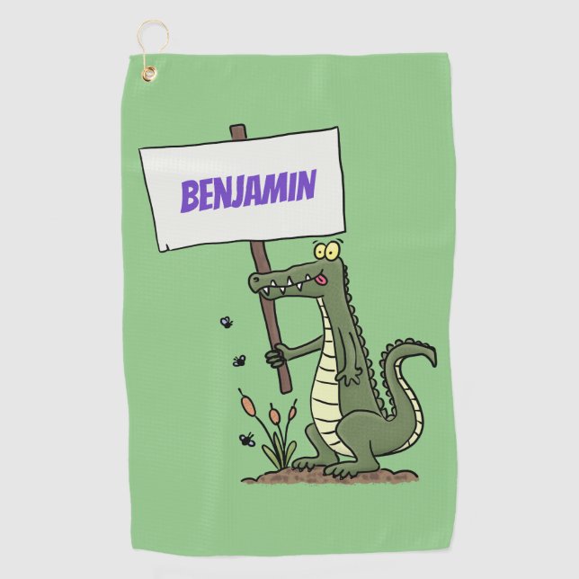 Funny crocodile aligator with sign cartoon  golf towel (Front)
