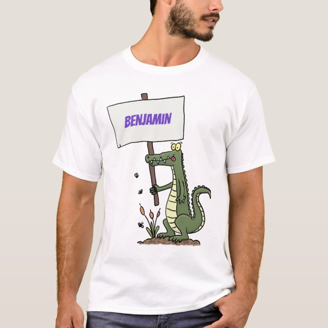 Funny crocodile aligator with sign cartoon T-Shirt (Front)