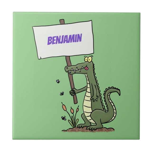 Funny crocodile aligator with sign cartoon tile (Front)
