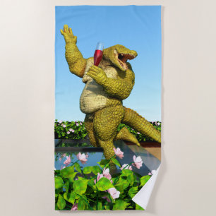 Funny Crocodile Champagne Pool Party Art Beach Towel