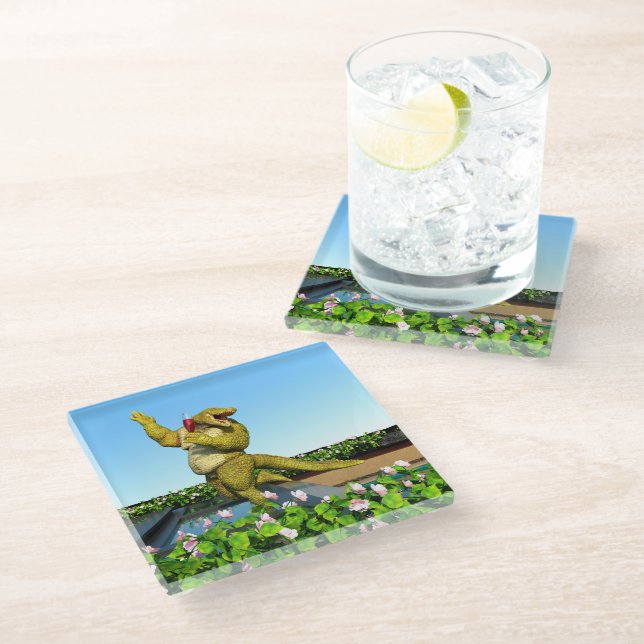 Funny Crocodile Champagne Pool Party Art Glass Coaster (Angled)
