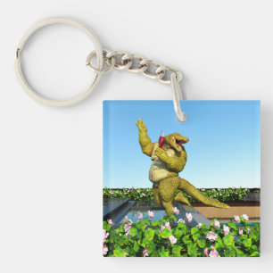 Funny Crocodile Champagne Pool Party Art Key Ring