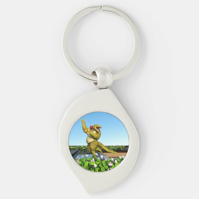 Funny Crocodile Champagne Pool Party Art Key Ring (Front)