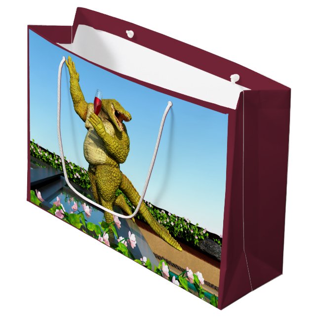 Funny Crocodile Champagne Pool Party Art Large Gift Bag (Front Angled)