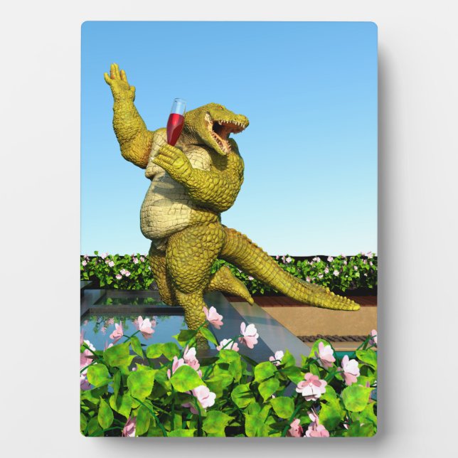 Funny Crocodile Champagne Pool Party Art Plaque (Front)