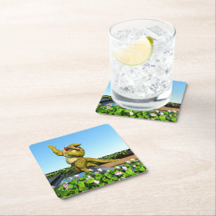 Funny Crocodile Champagne Pool Party Art Square Paper Coaster