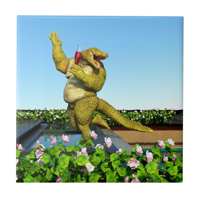 Funny Crocodile Champagne Pool Party Art Tile (Front)