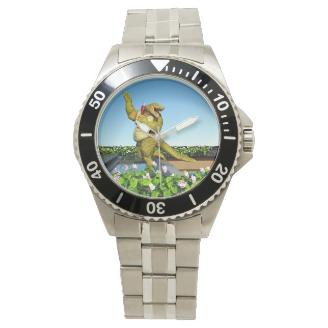 Funny Crocodile Champagne Pool Party Art Watch (Front)