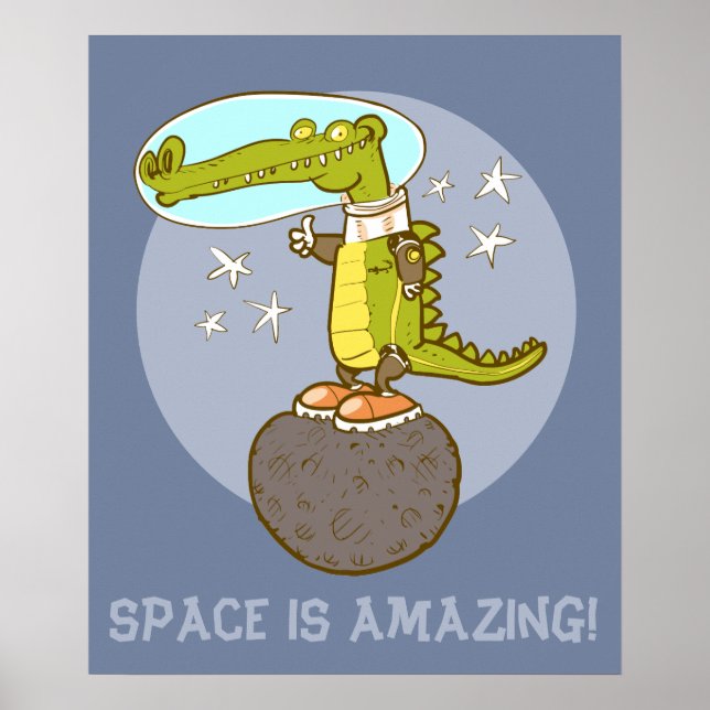 funny crocodile in space cartoon poster (Front)