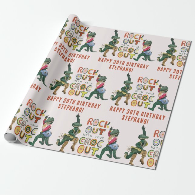 Funny Crocodile Pun Rock Out With Your Croc Out Wrapping Paper (Unrolled)
