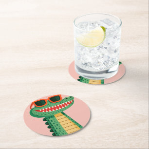 Funny Crocodile Sunglasses Cute Cartoon Animal Round Paper Coaster
