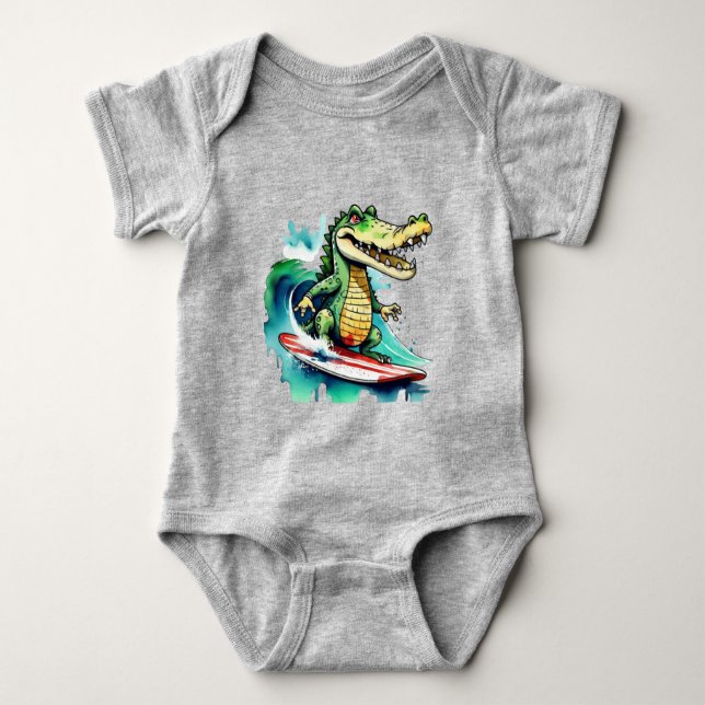 Funny crocodile surfing baby bodysuit (Front)