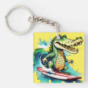Funny crocodile surfing key ring