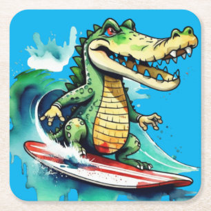 Funny crocodile surfing square paper coaster