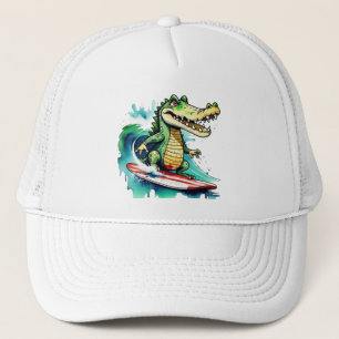 Funny crocodile surfing trucker hat