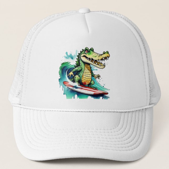 Funny crocodile surfing trucker hat (Front)