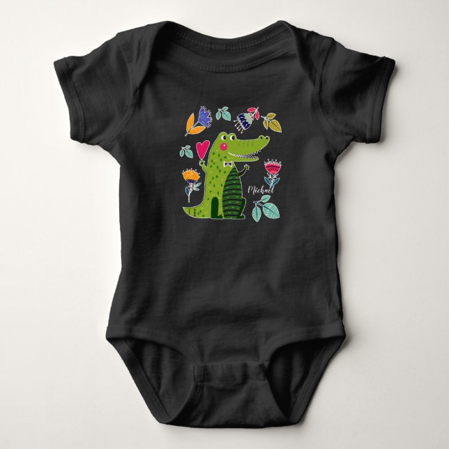 Funny Crocodile with Heart Custom Name Baby Bodysuit (Front)
