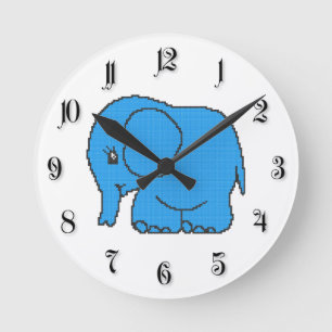 Funny cross-stitch blue elephant round clock