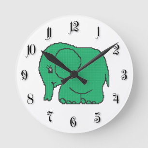 Funny cross-stitch green elephant round clock