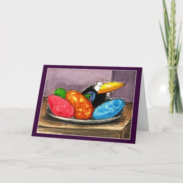Funny crow Easter egg still life Holiday Card (Front)