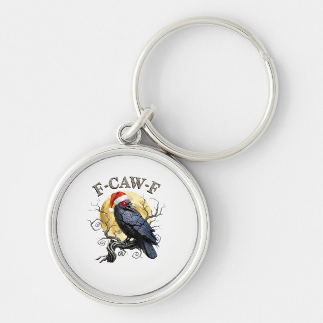 Funny Crow F-Caw-F Bird Gothic Christmas Santa Hat Key Ring (Front)