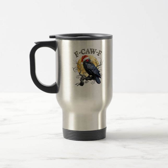 Funny Crow F-Caw-F Bird Gothic Christmas Santa Hat Travel Mug (Left)
