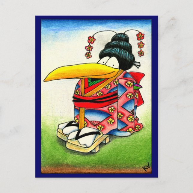 Funny Crow wearing Kimono postcard (Front)