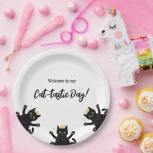 Funny Crown Black Cat Birthday Paper Plate