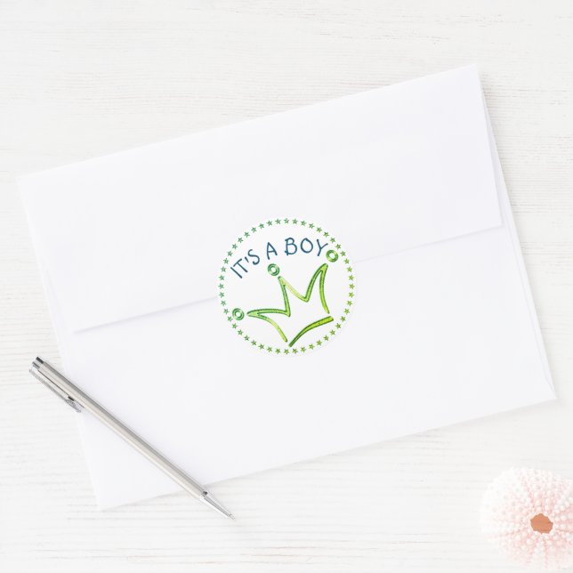 Funny Crown green + your backgr. & text Classic Round Sticker (Envelope)