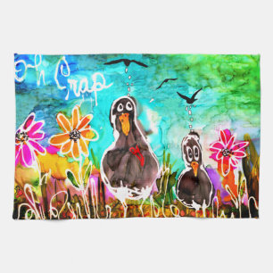 Funny Crows and Flowers Oh Crap Kitchen Towel