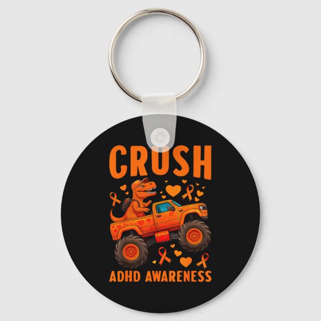 Funny Crush Adhd Awareness T-rex Monster Truck Kid Key Ring (Front)
