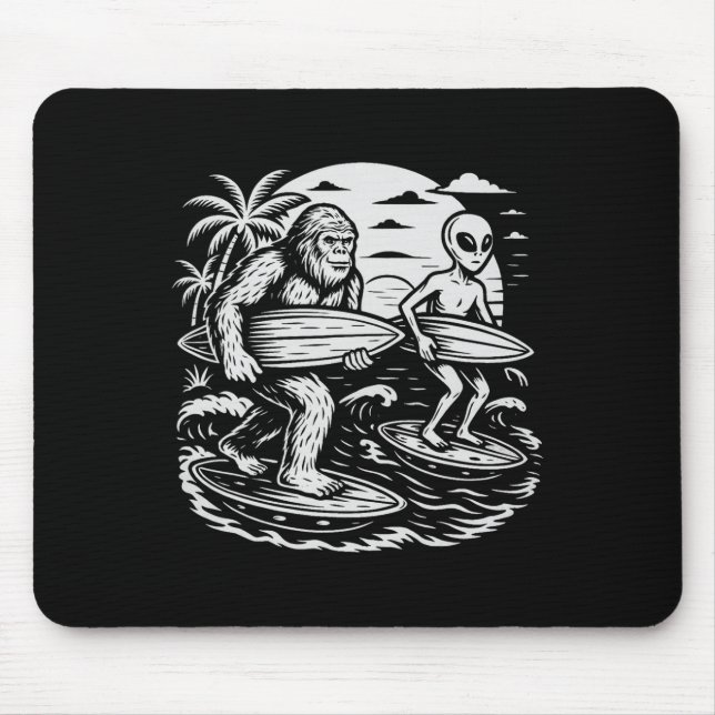 Funny Cryptid Bigfoot Alien Surfing Ufo Beach Suns Mouse Mat (Front)